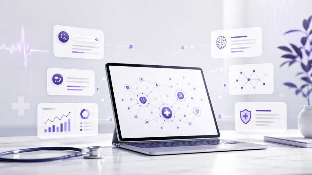 sağlıkta dijital görünürlük, SEO,GEO,AEO ve AI görünürlüğü kavramlarını temsil eden öne çıkarılmış görsel