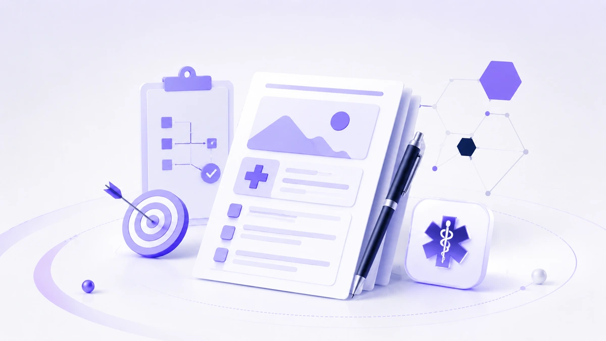 Medikal içerik stratejisini temsil eden kontrol listesi, kalem ve dijital içerik planlama görseli