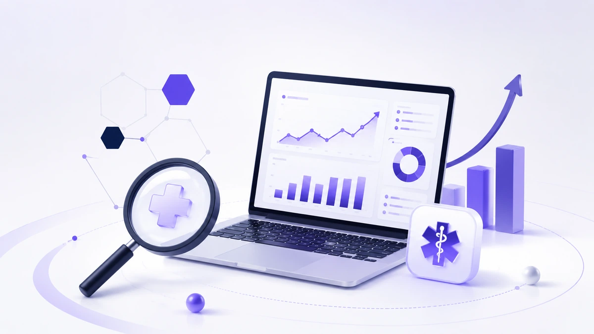 SEO ve Dijital Görünürlük Stratejisi SEO ve dijital görünürlük statejisini temsil eden web sitesi analizi, büyüteç ve performans grafikleri görseli