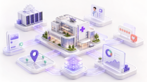 Merkezde bir sağlık kurumu; çevresinde web sitesi, doktor profili, lokasyon, yorumlar, teknik altyapı ve ölçüm sistemlerinin birbirine bağlandığı dijital görünürlük modeli.